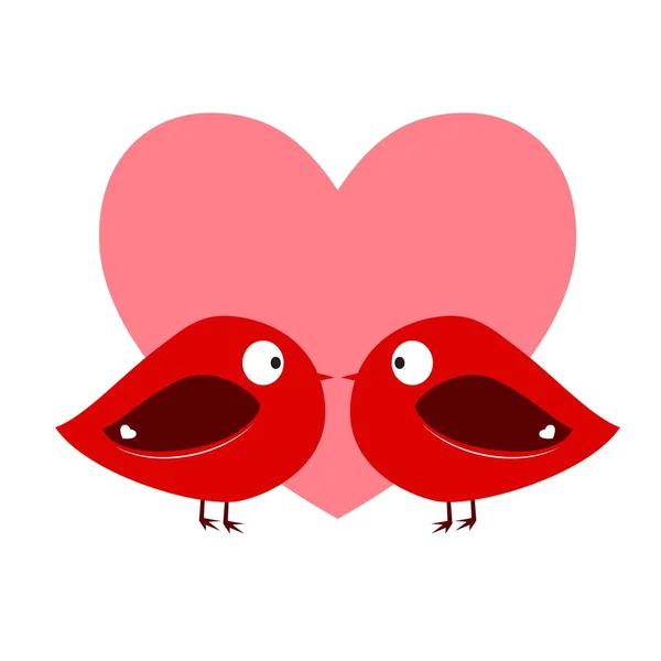Two Birds Red Heart Cute Adorable Tiny Chubby Bird Scarlet — Stock Vector
