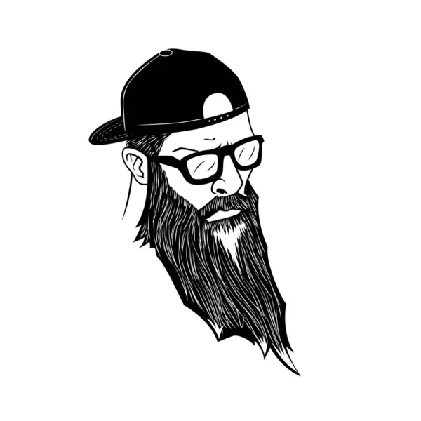 Man Black Long Beard Wearing Sunglasses Hat Backwards Black White — Stock Vector