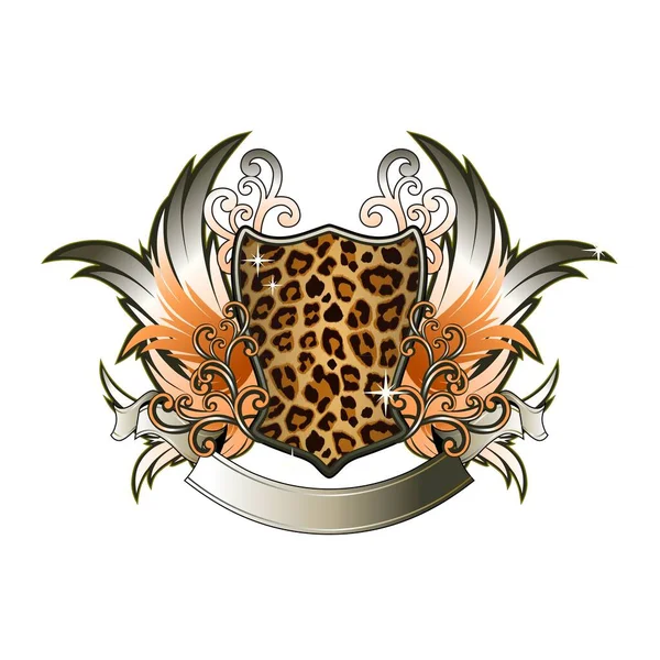 Emblem Ακρολοφία Λογότυπο Φτερά Φτερά Και Λεοπάρδαλη Μοτίβο Του Δέρματος — Διανυσματικό Αρχείο