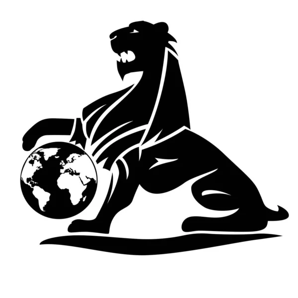 Lion Holding Globe Ilustración Del Vector Silueta Cresta Emblema Logotipo — Archivo Imágenes Vectoriales