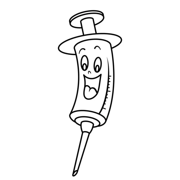Happy Syringe Cartoon Black White Line Art Vector Illustration — Stock Vector