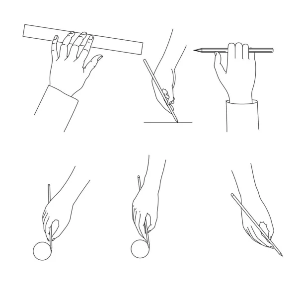Verschiedene Handpositionen Zeichnen Mit Bleistift Und Lineal Messen Oder Zeichnen — Stockvektor
