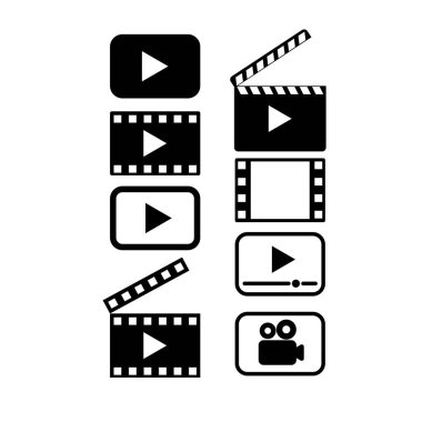 Video ilgili simge seti klaket, çalma düğmeleri, video simgesi, teyp simgesi veya kamera vektör çizimleri siyah ve beyaz