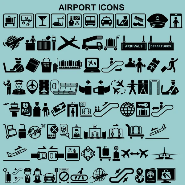Conjunto Iconos Del Aeropuerto Vector Negro —  Fotos de Stock