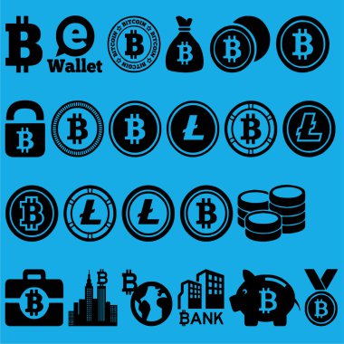 Bitcoin simgeleri siyah vektör ayarladı