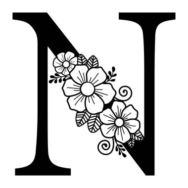 Lüks ve stilize N harfi, yapraklı N harfi, Eps formatı, lazer kesimi alfabe, dekoratif harf, çiçek alfabesi. Dekoratif Tasarım Özgeçmişi olan Süslü Harf N. Çiçekli Harf N çizgisi sanat alfabesi tasarımı illüstrasyonu.