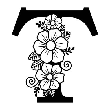 Lüks ve süslü T harfi, yapraklı T harfi, Eps formatı, lazer kesimi alfabe, dekoratif harf, çiçek alfabesi. Dekoratif Tasarım geçmişi olan Süslü Harf T. Çiçekli Harf T-line sanat alfabesi tasarımı illüstrasyonu.