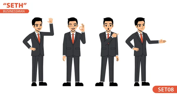 Set Business Man Say Point Advice Body Language Pose Standing — стоковый вектор
