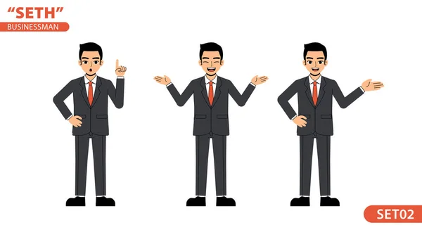 Seth Business Man Talking Speech Moderator Point Hand Pose Standing — Stock Vector