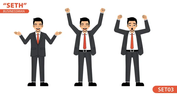 Seth İşadamı Minnettar. Evet! Neşeli Başarı Mutlu Komik Duruş Karakter Tasarım Seti