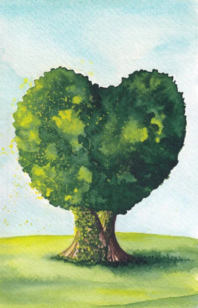 水彩画 带有心形冠冕的树 — 图库照片