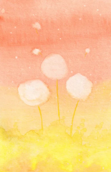 Watercolor Abstract Dandelions In The Rays Of The Sun Against The Orange Sky
