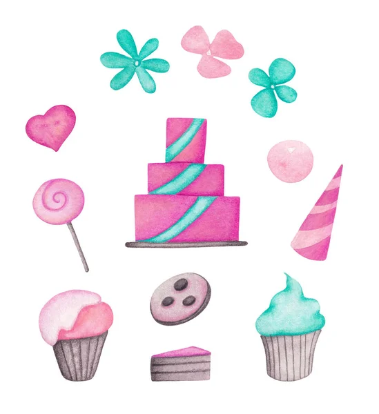 漫画のお菓子のセット ピンクとミントの甘いお菓子 ケーキとキャンディと一緒にクリッパート パン屋と花でアートをクリップ — ストック写真