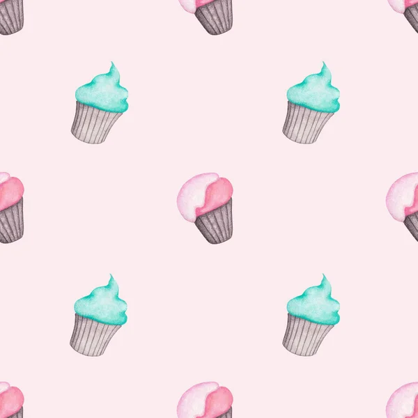 Cartoon Cupcakes Pink Backgroud Seamless Pattern Rose Colored Mint Pastry — Stock Photo, Image