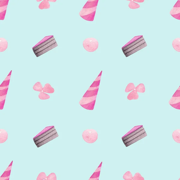 ケーキピース お祭り帽子と花と漫画祭パターン ピンクと青の誕生日の背景 — ストック写真