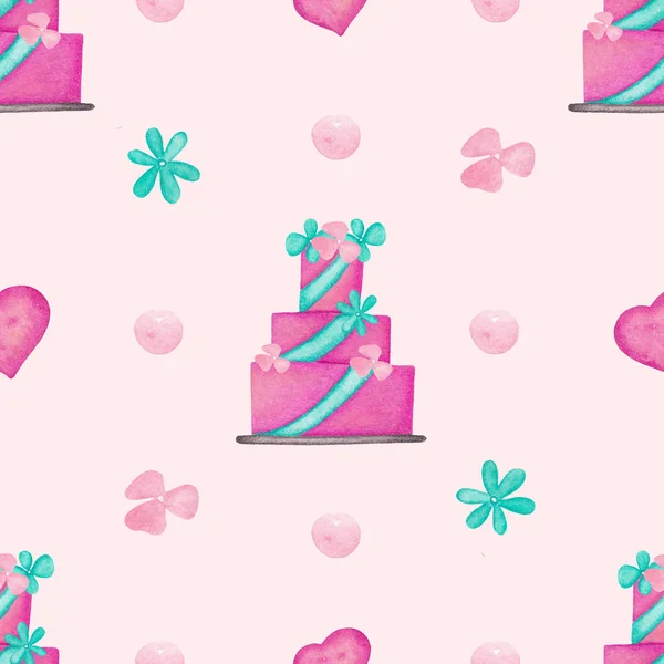 誕生日ケーキとピンクの背景に花と水彩シームレスパターン 漫画ベーカリー壁紙 — ストック写真