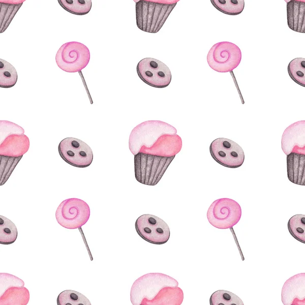 漫画ピンクカップケーキとキャンディシームレスパターン スイーツ ベーカリー壁紙 — ストック写真