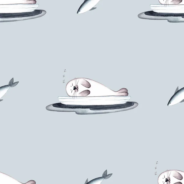 Watercolor Seamless Pattern Little Seal Sleeping Ice Floe Fish Wallpaper — Stock Photo, Image
