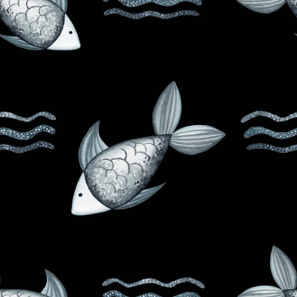 Aquarell Nahtloses Muster Mit Fischen Und Wellen Auf Schwarzem Hintergrund — Stockfoto