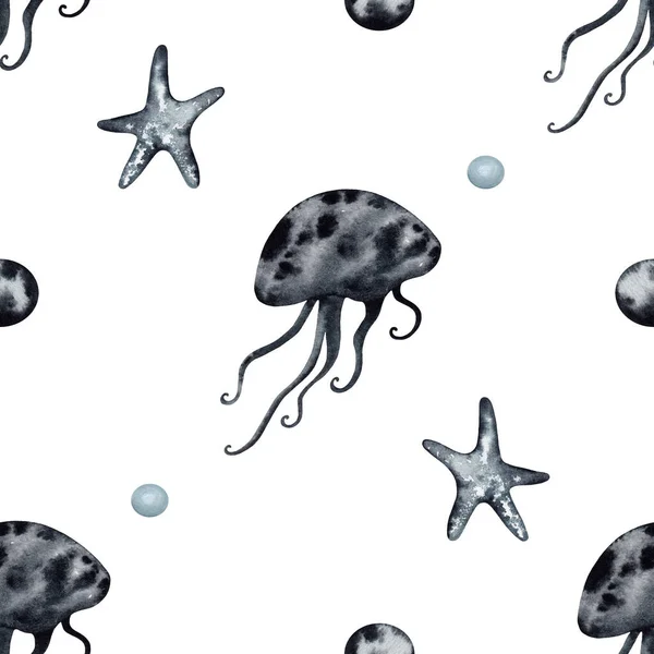 白色背景下水彩斑斓的水母和海星图案 — 图库照片