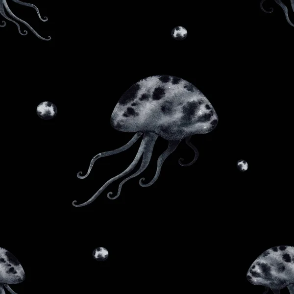 Watercolor Seamless Pattern Jellyfish Black Background Background Sea Inhabitants — Stock Photo, Image