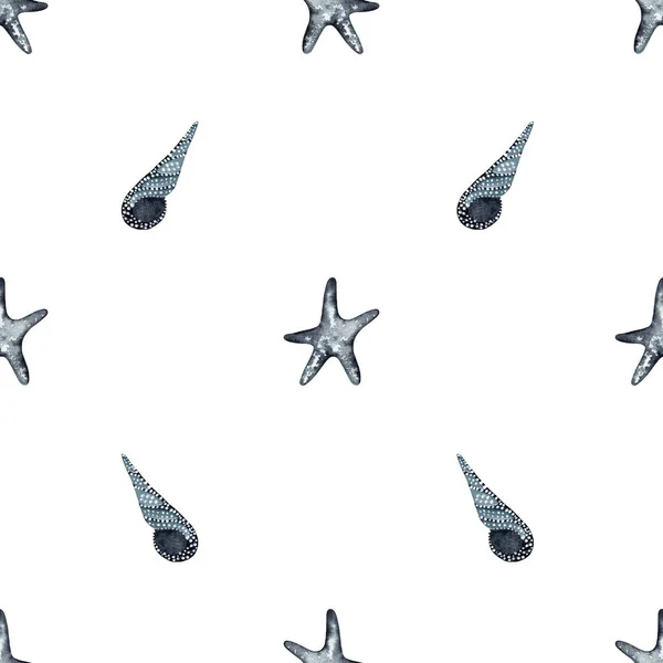 Seamless Pattern Grey Blue Starfish Shells White Background — Stock Photo, Image