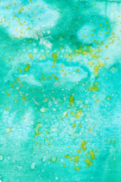 Watercolor Turquoise Texture Background with Yellow Paint Splatters. Textured Paper Wallpaper