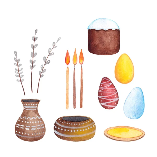 Clipart for Orthodox Easter. Easter Set with Colored Eggs, Easter Cakes, Vase, Dishes and Candles and Willow
