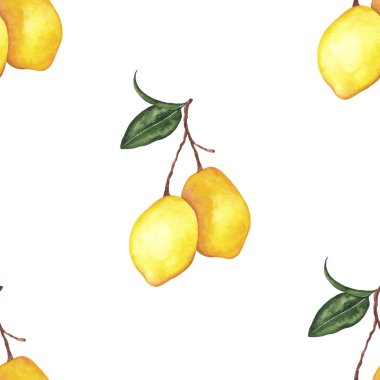 Beyaz Arkaplanda Yeşil Yapraklı İki Limonlu, Kusursuz Dallı Suluboya Deseni. Limon deseni. Citrus Süslemesi