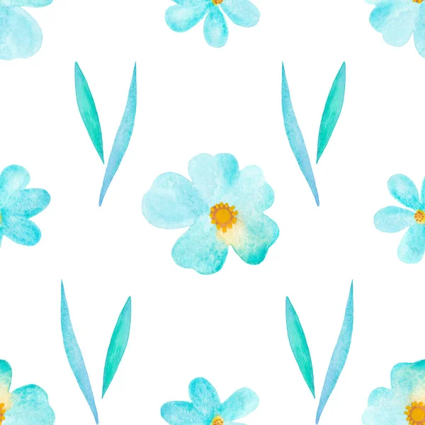 Watercolor Seamless Pattern Light Blue Flowers Leaves Floral Background Botanical — Stock Photo, Image