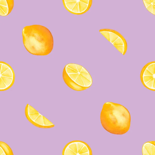 Aquarell Nahtloses Muster Mit Zitronen Und Zitronenscheiben Auf Blassviolettem Hintergrund — Stockfoto