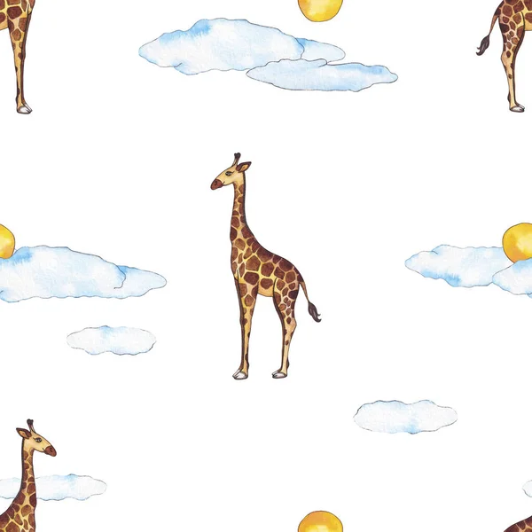 Watercolor Seamless Pattern with Cartoon Giraffe and Sun with Clouds on a White Background. Animals of Africa. Animal Wallpaper
