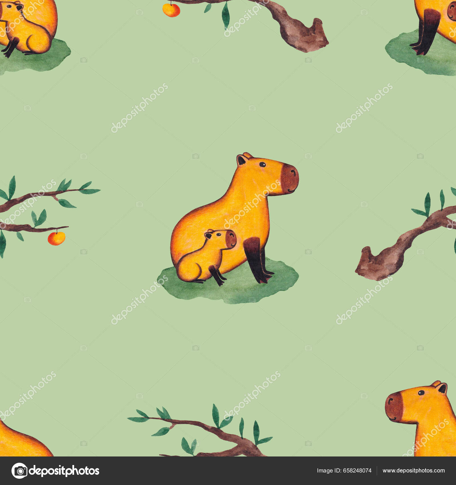 Sömlöst Mönster Med Capybara Sitter Gräset Med Baby Grenarna Med