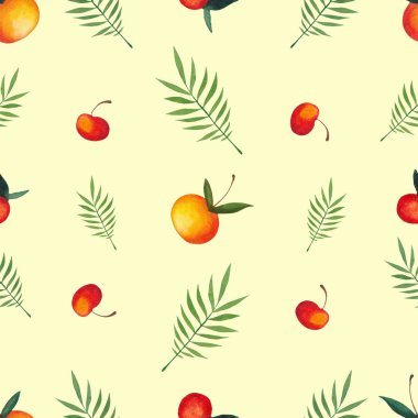 Açık Sarı Arkaplanda Portakallı, Elmalı ve Palmiye Yapraklı Kusursuz Desen. Botanik Süslemesi. Bitkilerle duvar kağıdı. Meyveli arkaplan