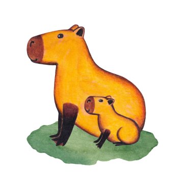 Şirin sarı bir Capybara yeşil çimlerin üzerinde bir yavruyla oturuyor. Vahşi Hayvan İllüstrasyonu. Kemirgenler.
