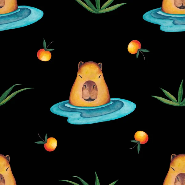 Бесшовный Рисунок Капибарой Плавающей Воде Веткой Апельсином Над Головой Чёрном — стоковое фото