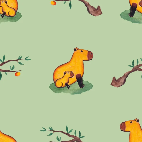 Naadloos Patroon Met Een Capybara Zittend Het Gras Met Een — Stockfoto