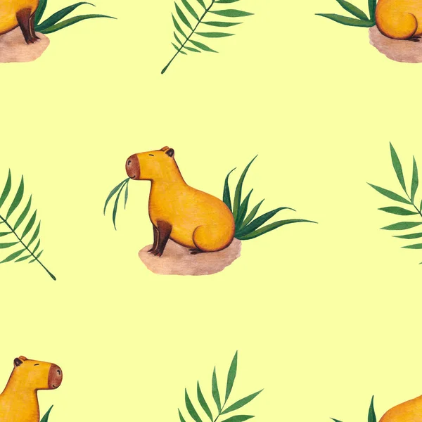 Çalılıklarda oturan ve sarı arka planda çimen çiğneyen şirin Capybaras 'lı kusursuz desenli. Kemirgenli duvar kağıdı. Capybara ile arkaplan