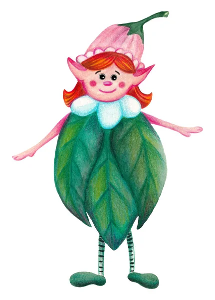 Yeşil Yaprak Elbisesi ve Pembe Çiçek Şapkalı Kızıl Saçlı Elf 'in resmi. - Fae. Peri masalı Karakteri
