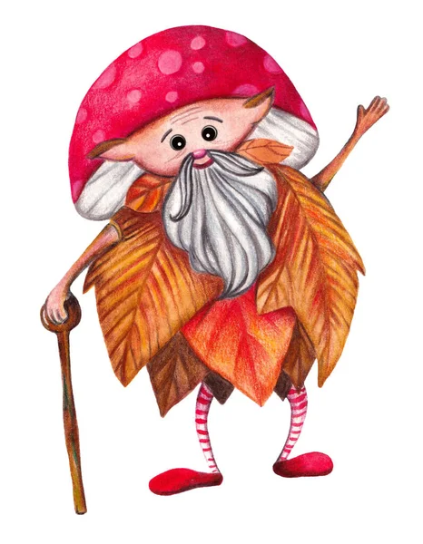 stock image Image of Old Elf Grandpa in a Dress of Yellow Autumn Leaves and a Mushroom Cap and a Cane in his hand. Fae. Fairytale Character