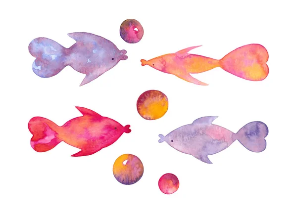 Set with Watercolor Abstract Fish and Bubbles in Purple and Pink. Clip Art with Fishes. Marine decor elements