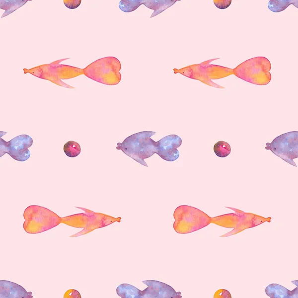 白の背景に淡いピンクの水彩魚とシームレスなパターン 魚の壁紙 海の背景 — ストック写真