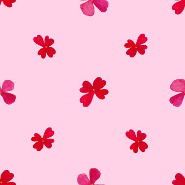 Pembe bir arka planda suluboya kırmızı egzotik çiçekli kusursuz desen. Çiçek süsü. Botanik Duvar Kağıdı