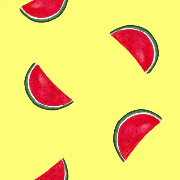 Naadloos Patroon Met Aquarelstukjes Van Watermeloen Een Gele Achtergrond Ornament — Stockfoto