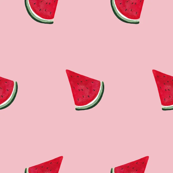 Pembe bir zeminde suluboya karpuz parçaları olan kusursuz desenler. Karpuzlu süs. Meyve Duvar Kağıdı