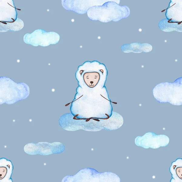 Seamless Watercolor Pattern with Cute Sheep in Lotus Pose among Clouds and Stars. Wallpapers with Animals for kids