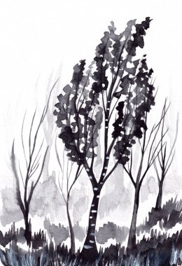 Ormandaki Ağaçlarla Siyah ve Beyaz Arazi Suluboya. Tek renkli ahşap illüstrasyon