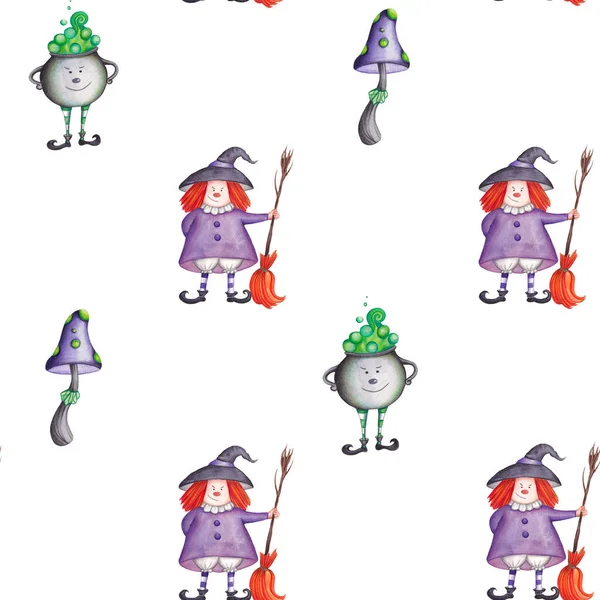 Nahtloses Muster Für Halloween Mit Hexe Und Zauberkessel Mit Grünem — Stockfoto