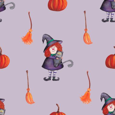 Tatlı Cadılı Çocuklar İçin Kusursuz Cadılar Bayramı Mor Arkaplan Süpürgesi ve Kedili Çocuklar İçin. Paket kağıdı. Duvar Kağıdı.