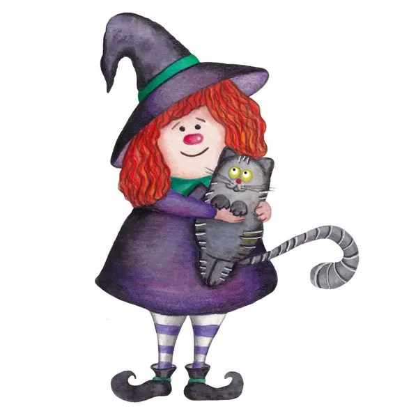 Halloween Illustration Cute Redhead Witch Hat Cat Print — Stock Photo, Image